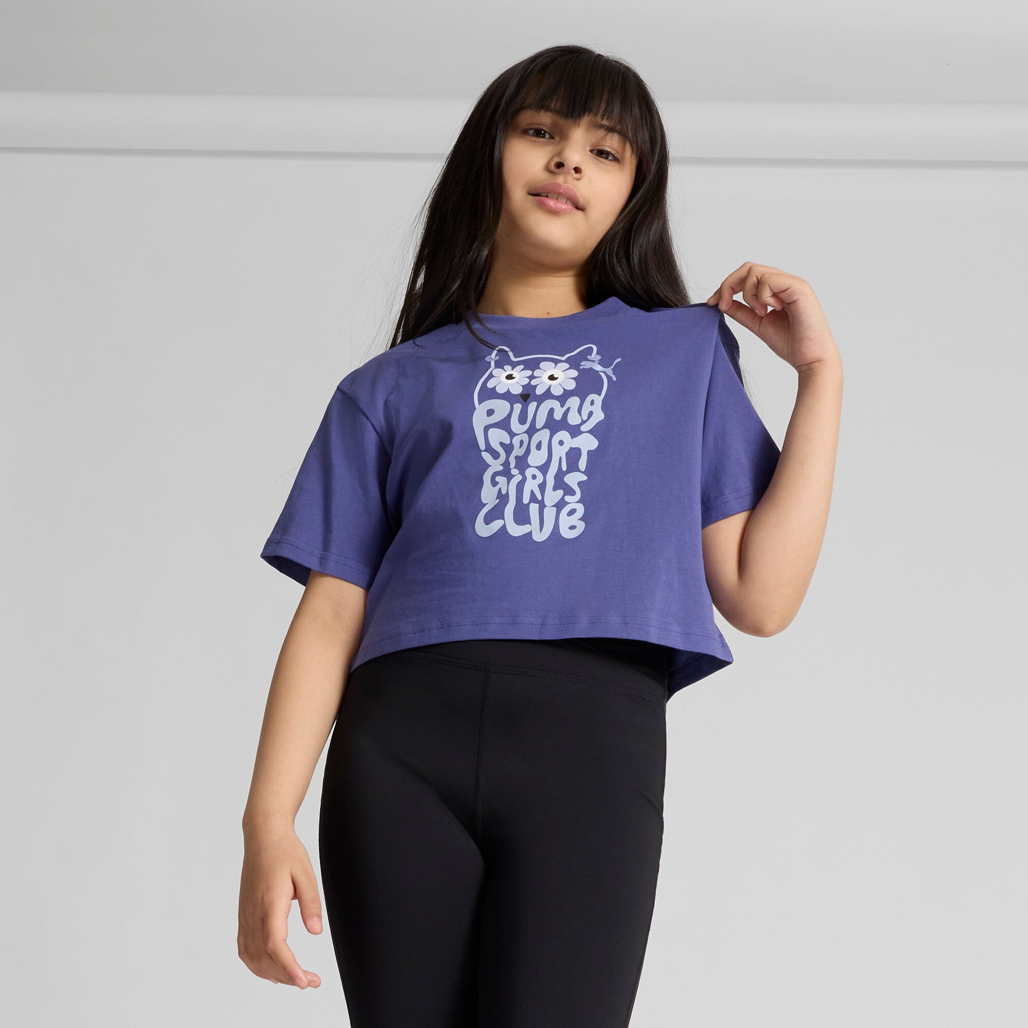 PUMA Graphics Big Kids' Short-Length T-Shirt in Blue, Size M
