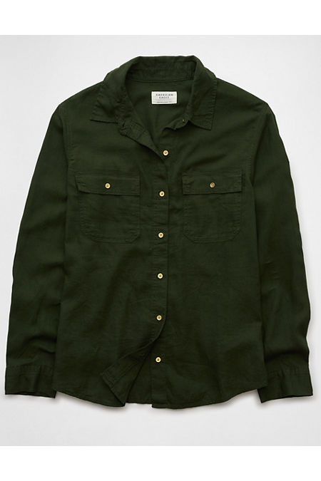 AE Weekend Vibes Linen-Blend Long-Sleeve Button-Up Shirt Women's Green XS