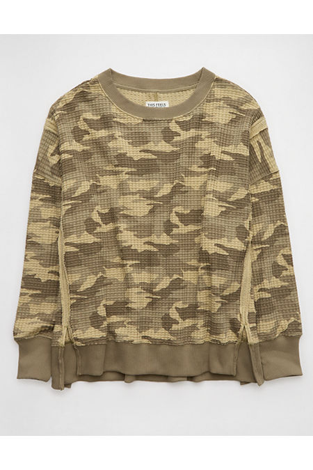 AE Big Hug Waffle Sweatshirt Women's Camo Green XXS