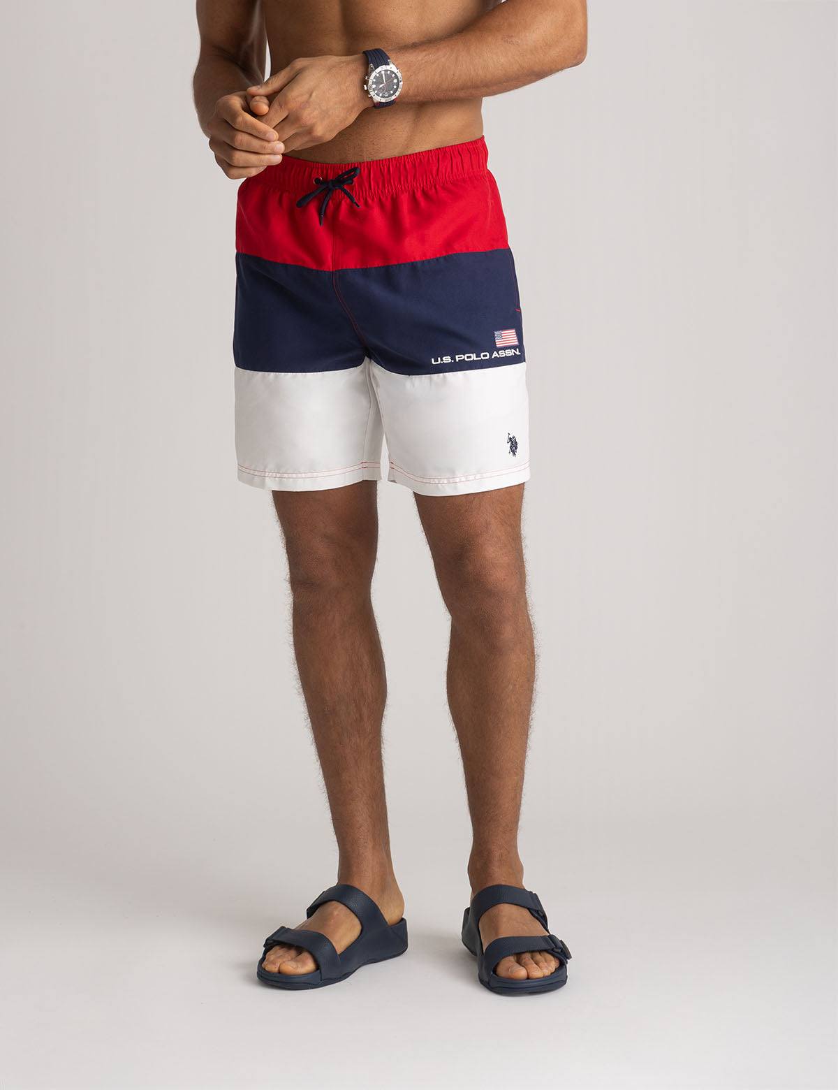 U.S. Polo Assn. - Mens 7" Tri Color Block Swim Shorts - Size S