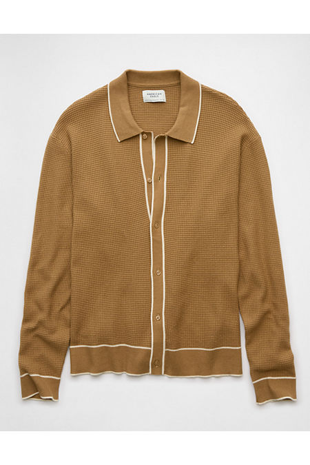 AE Long-Sleeve Tipped Waffle Sweater Polo Shirt Men's Light Brown M Tall