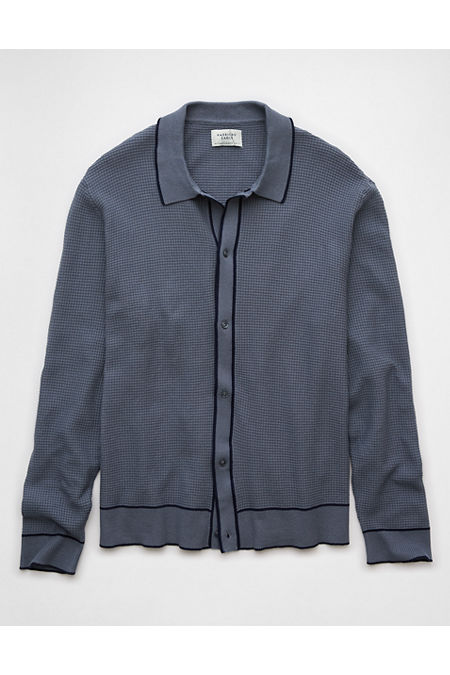 AE Long-Sleeve Tipped Waffle Sweater Polo Shirt Men's Night Time Navy XXL