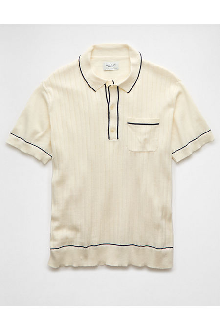 AE Weekend Tipped Sweater Polo Shirt Men's Cream XS