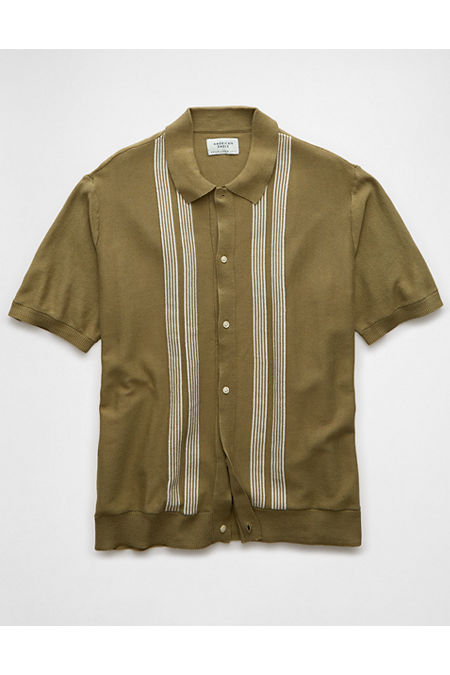 AE Weekend Button-Up Striped Sweater Polo Shirt Men's Green M