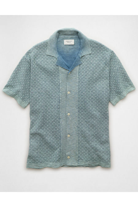AE Weekend Jacquard Button-Up Sweater Polo Shirt Men's Light Blue XS