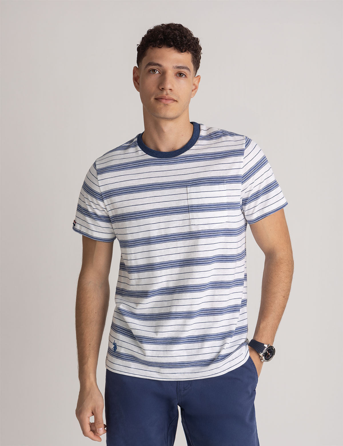 U.S. Polo Assn. - Mens White Label Stripe Crew Neck T-Shirt With Pocket - Size L