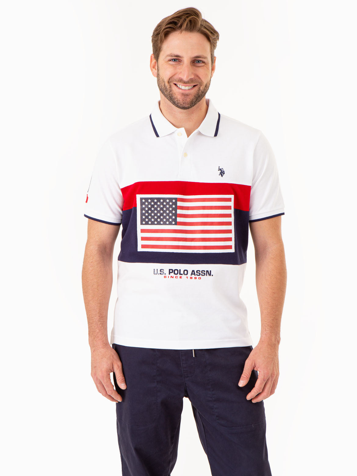 U.S. Polo Assn. - Mens Printed Flag Colorblock Pique Polo Shirt - Size XX