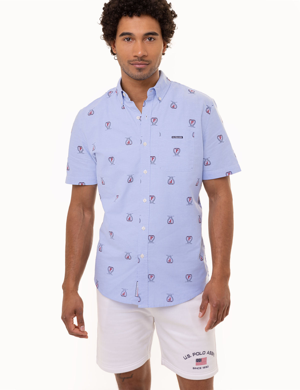 U.S. Polo Assn. - Mens All Over Crest Print Oxford Short Sleeve Shirt - Size XX