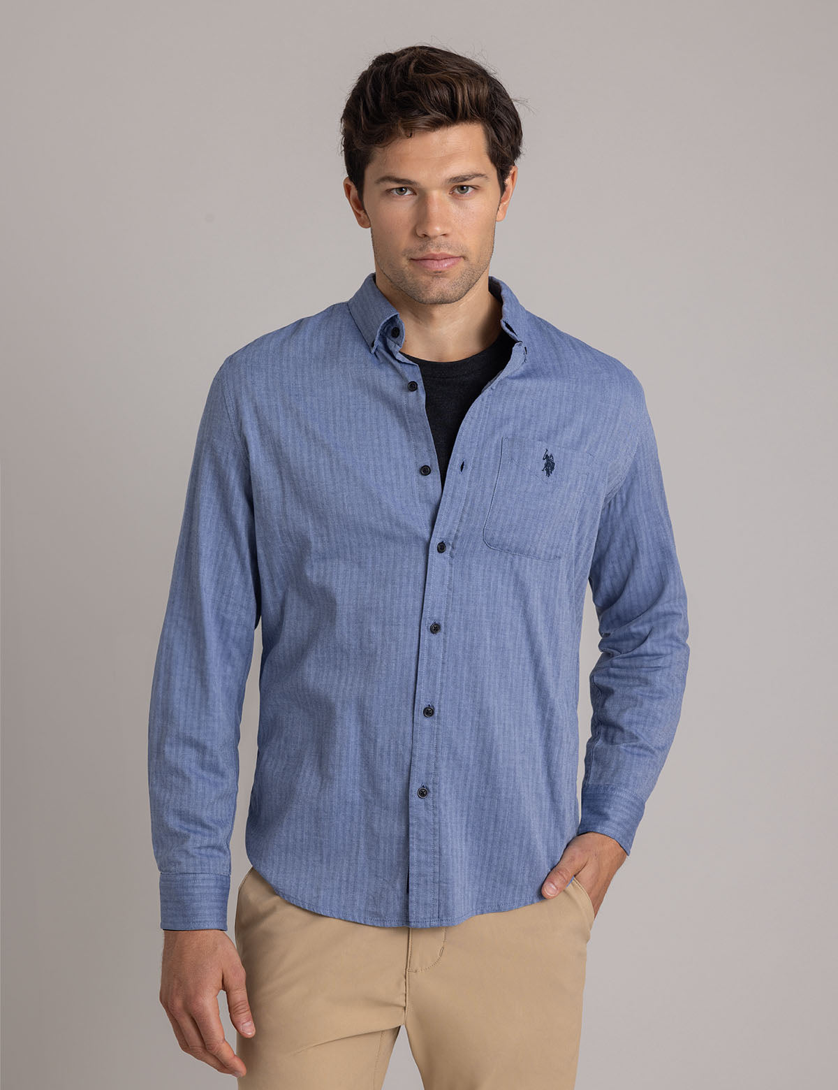 U.S. Polo Assn. - Mens Cotton Herringbone Twill Long Sleeve Shirt - Size S