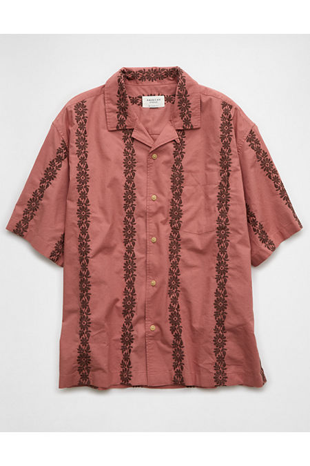 AE Poolside Linen-Blend Printed Button-Up Shirt Men's Mauve XL Tall