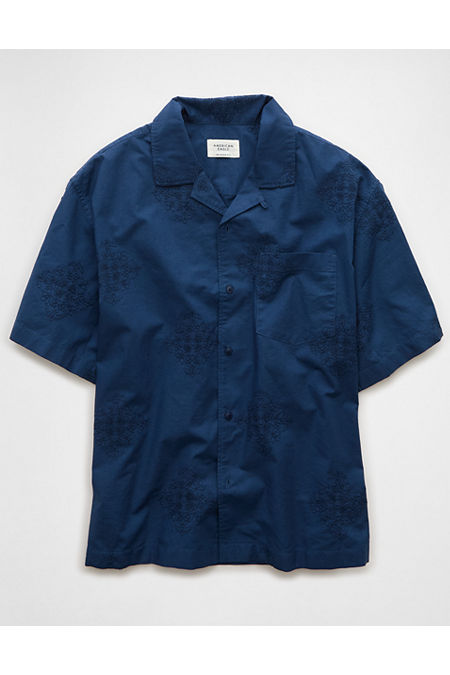 AE Poolside Linen-Blend Printed Button-Up Shirt Men's Navy M