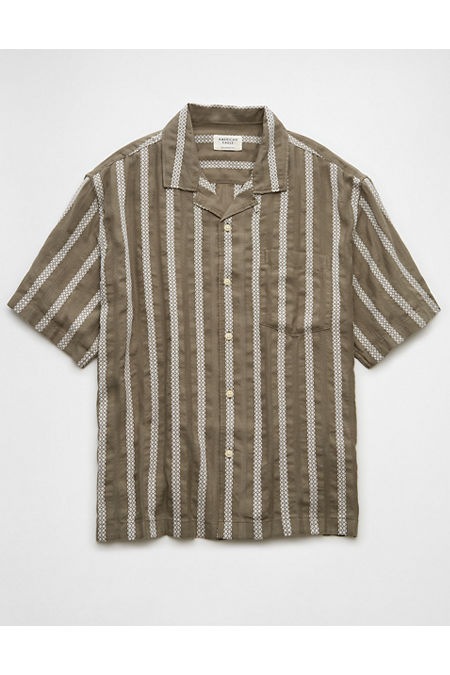 AE Poolside Striped Button-Up Shirt Men's Olive S