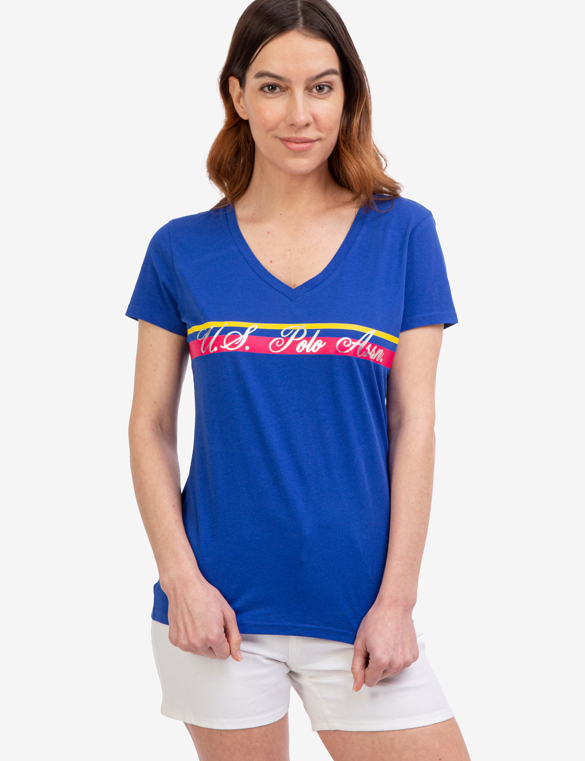 U.S. Polo Assn. - Womens V-Neck Stripe Foil Graphic T-Shirt - Size L