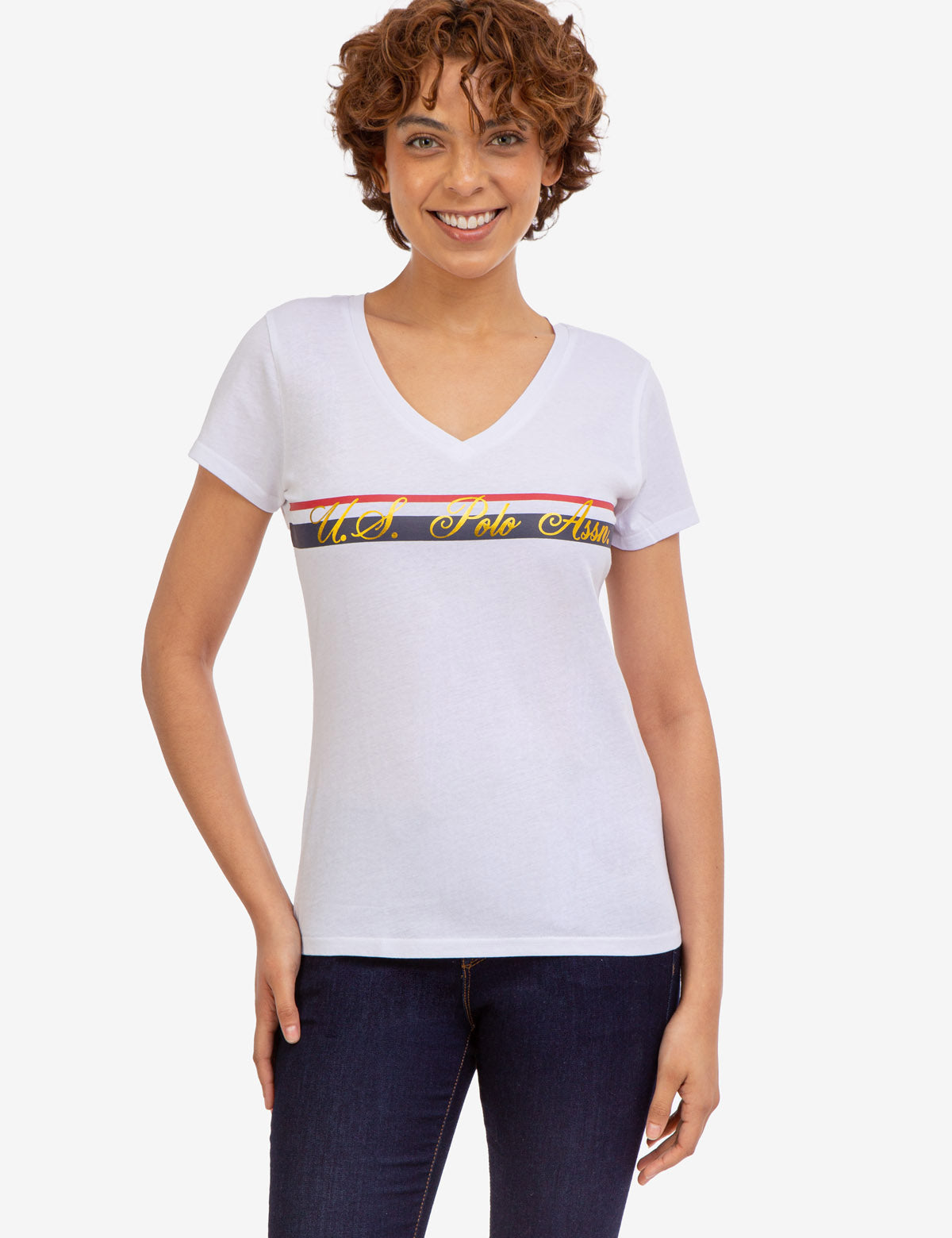 U.S. Polo Assn. - Womens V-Neck Stripe Foil Graphic T-Shirt - Size XS