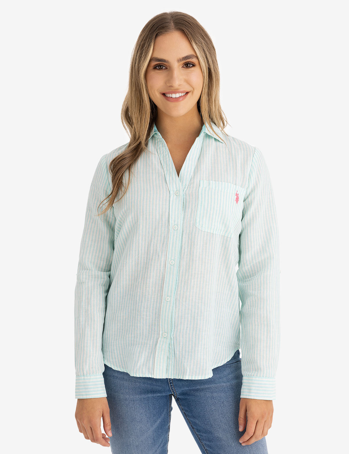 U.S. Polo Assn. - Womens Stripe Roll Sleeve Woven Shirt - Size S