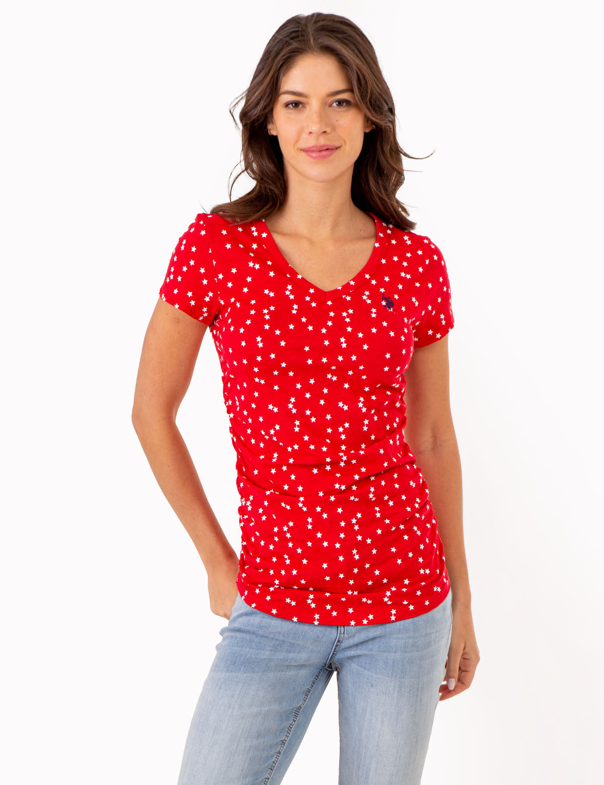 U.S. Polo Assn. - Womens Star Print Ruched Side V-Neck T-Shirt - Size S