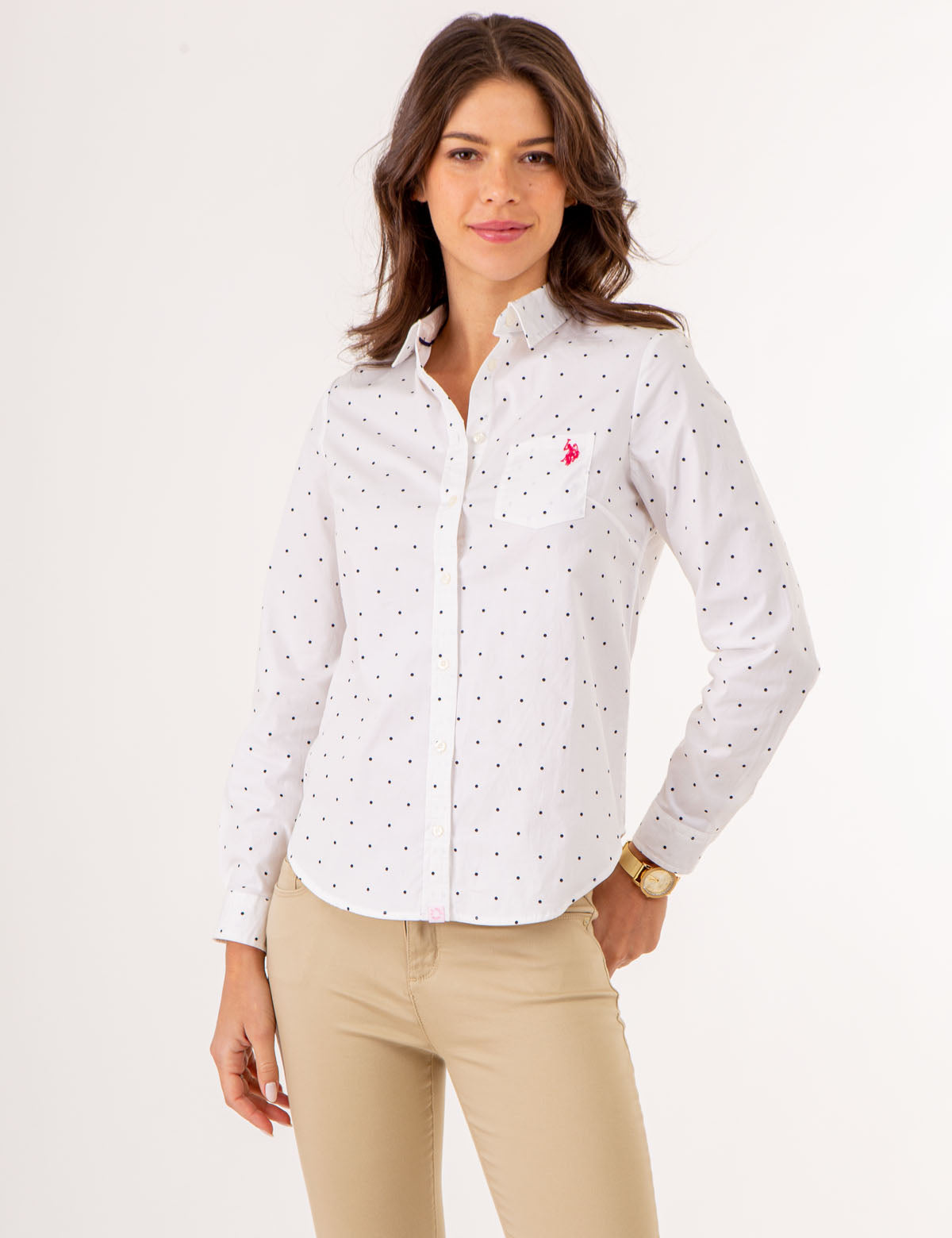U.S. Polo Assn. - Womens Dot Print Long Sleeve Poplin Shirt - Size M