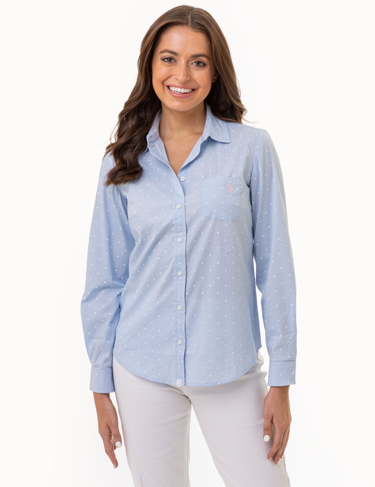 U.S. Polo Assn. - Womens Dot Print Long Sleeve Poplin Shirt - Size XS