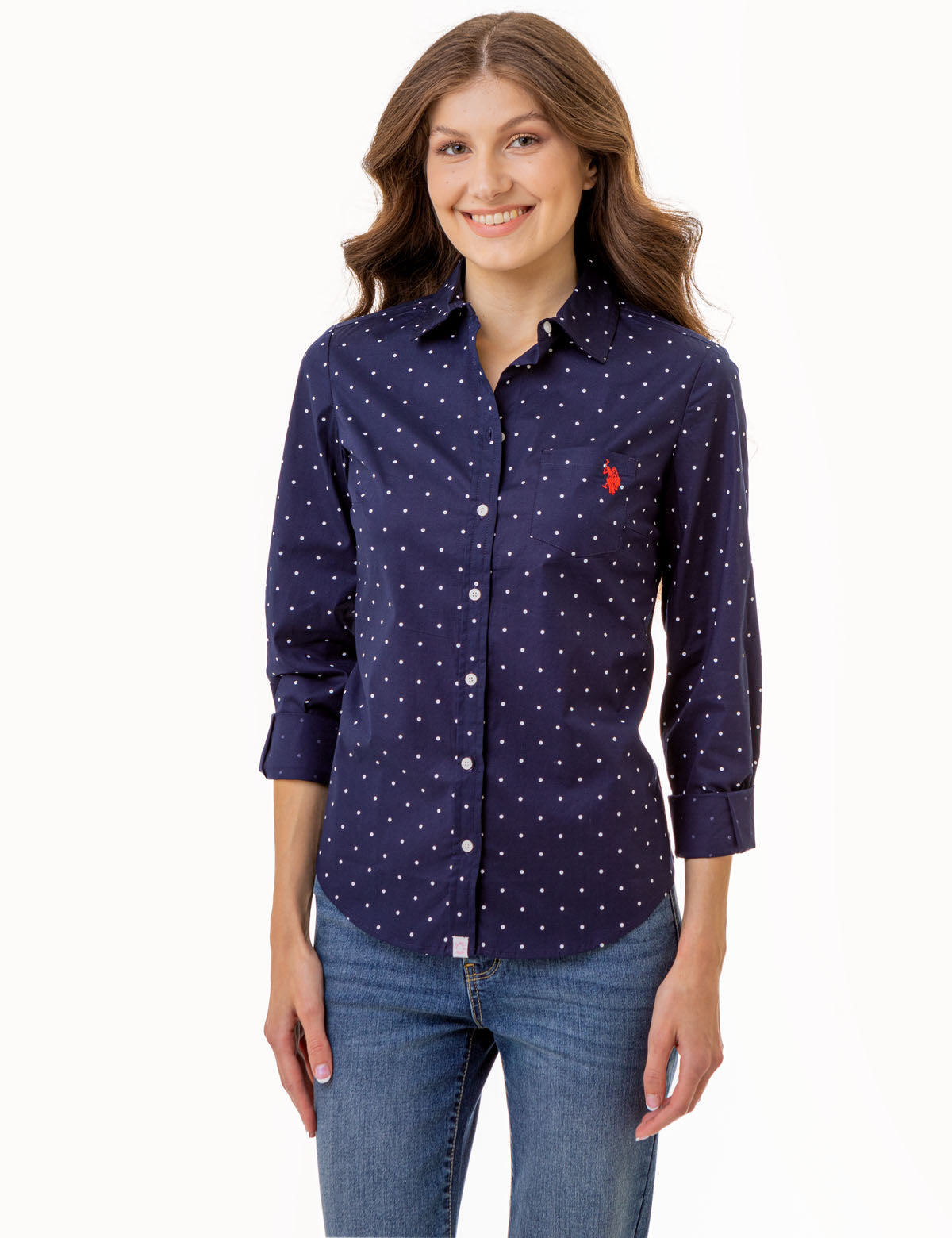 U.S. Polo Assn. - Womens Dot Print Long Sleeve Poplin Shirt - Size XL
