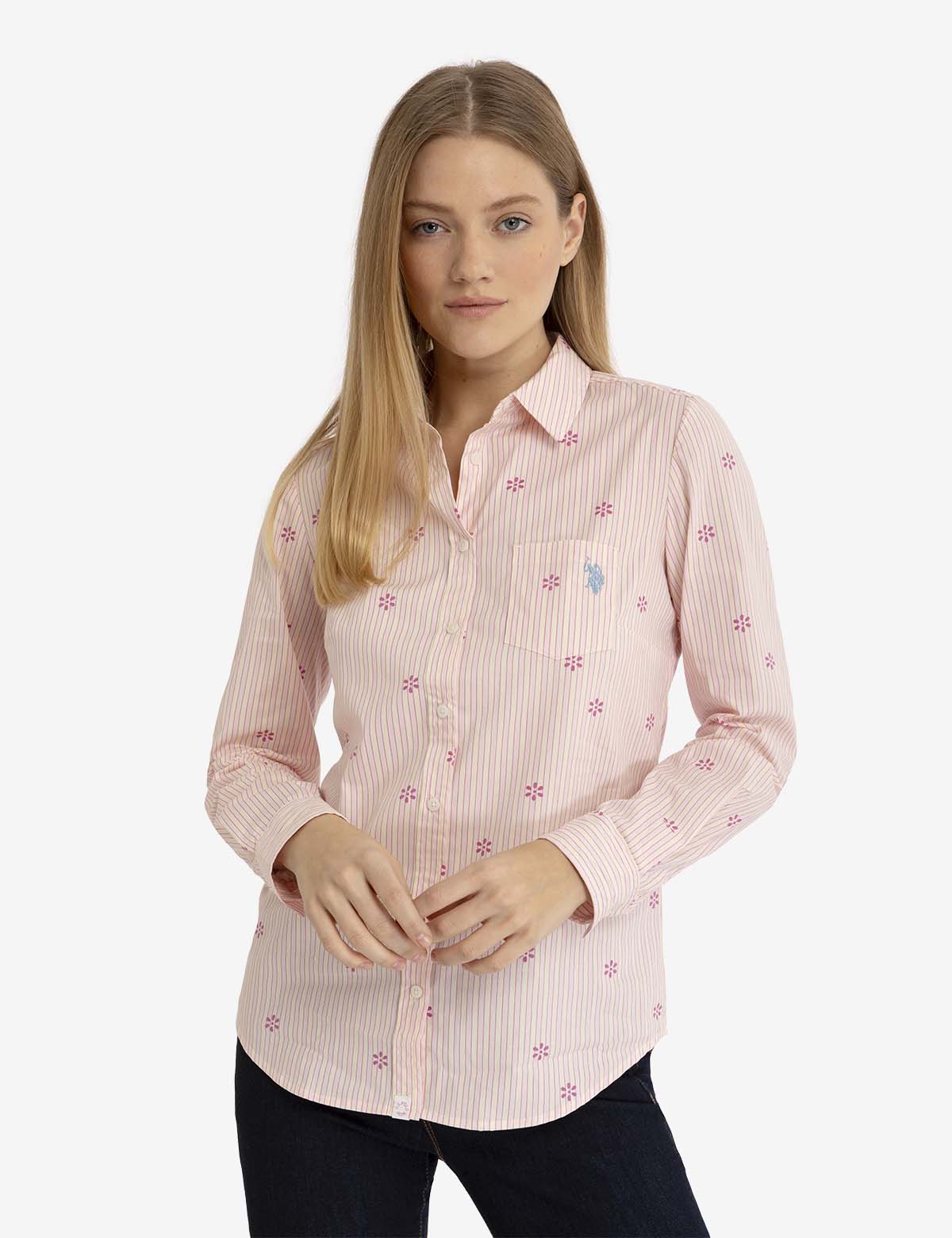U.S. Polo Assn. - Womens Ditsy Print Long Sleeve Poplin Shirt - Size S