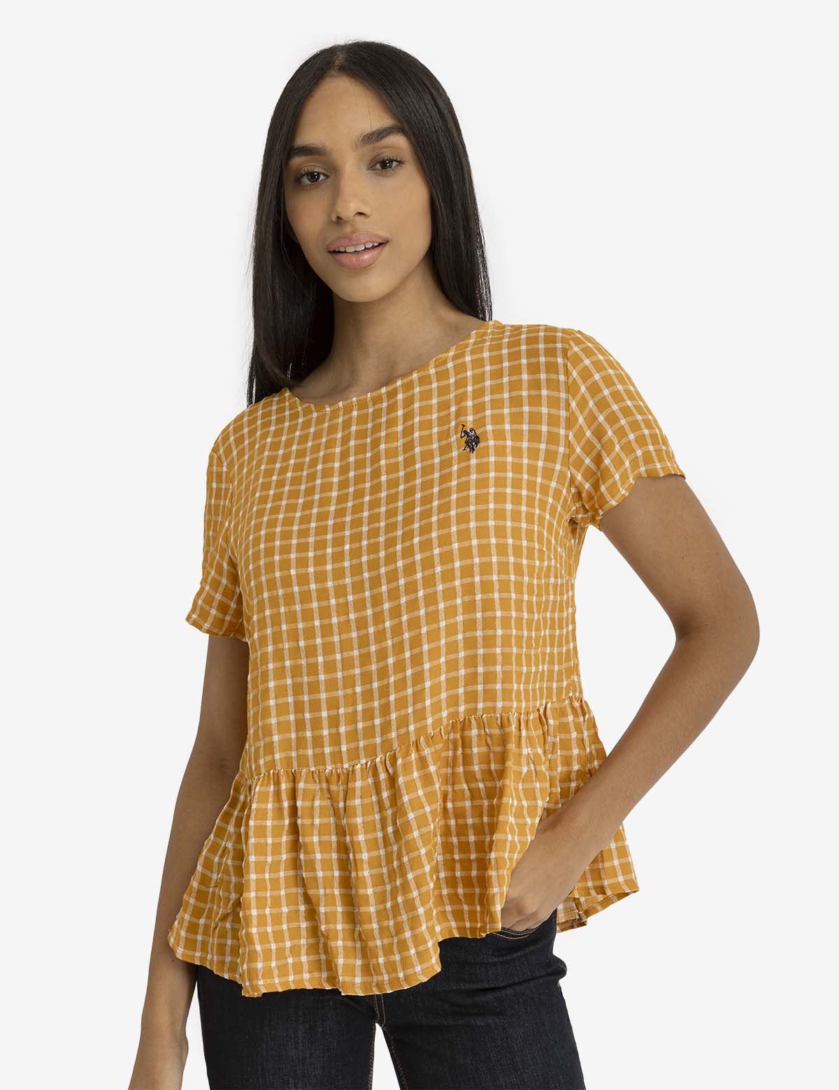 U.S. Polo Assn. - Womens Short Sleeve Peplum Grid Top - Size M