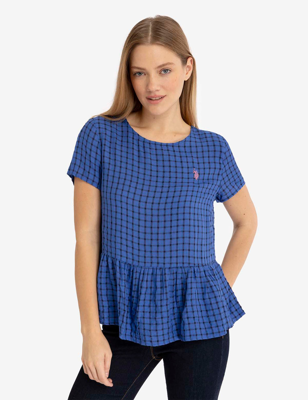 U.S. Polo Assn. - Womens Short Sleeve Peplum Grid Top - Size XL