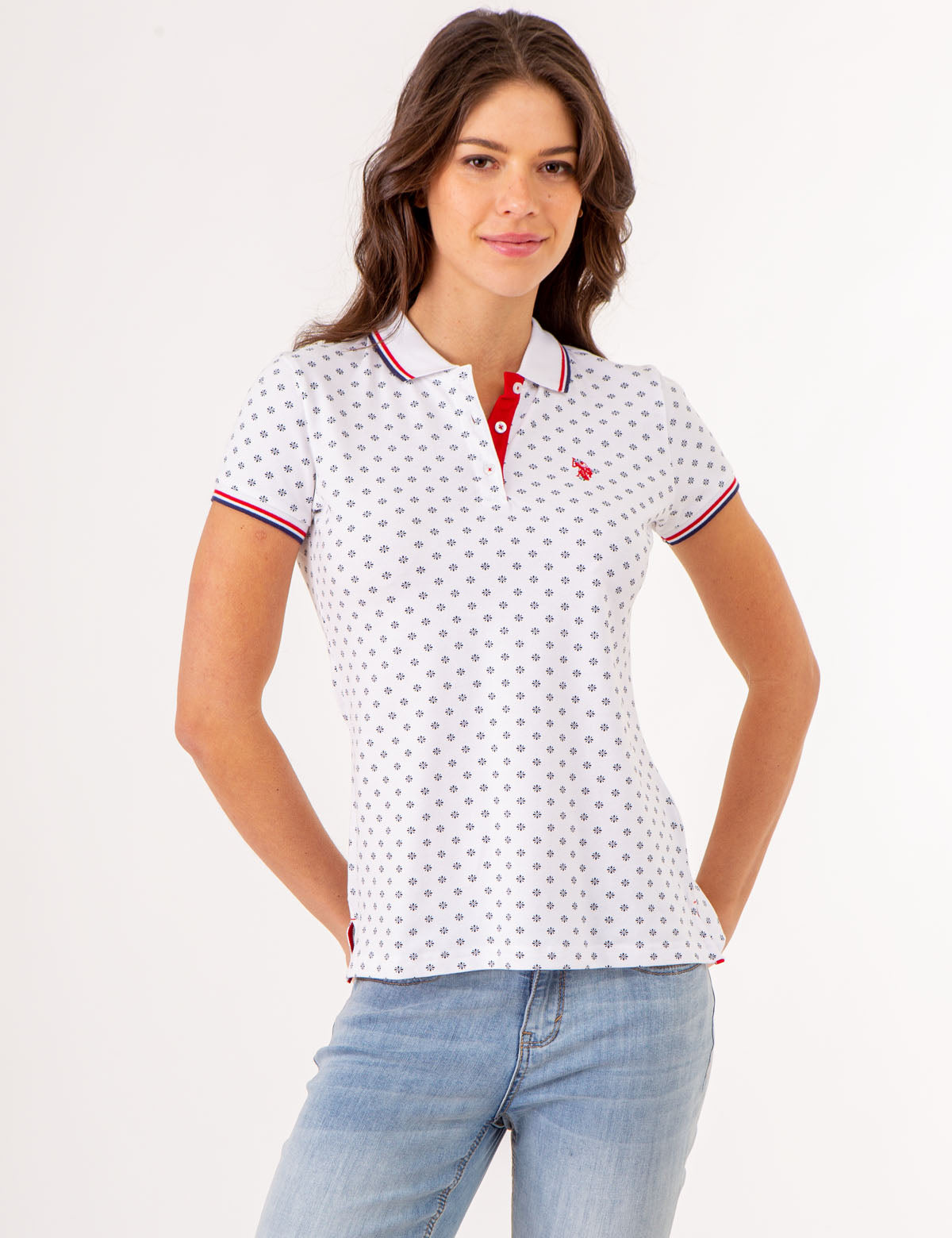 U.S. Polo Assn. - Womens Dot Flower Print Tipped Polo Shirt - Size XS