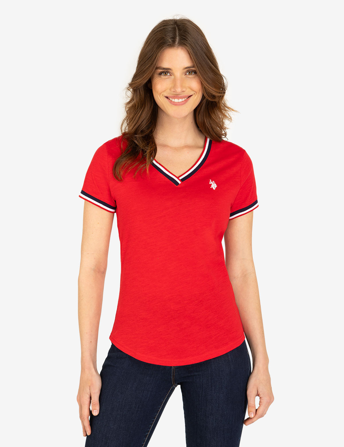 U.S. Polo Assn. - Womens V-Neck Signature Stripe Trim T-Shirt - Size M