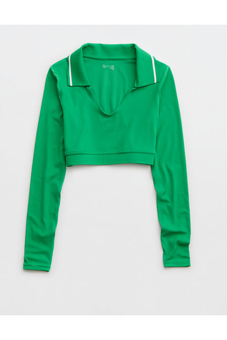 OFFLINE By Aerie Real Me Long Sleeve Polo T-Shirt Women's Green Mission XS