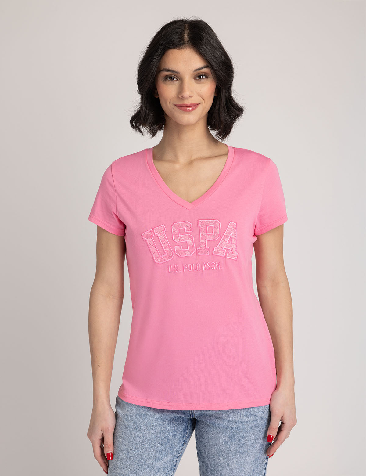 U.S. Polo Assn. - Womens USPA Lace Applique V-Neck T-Shirt - Size XS