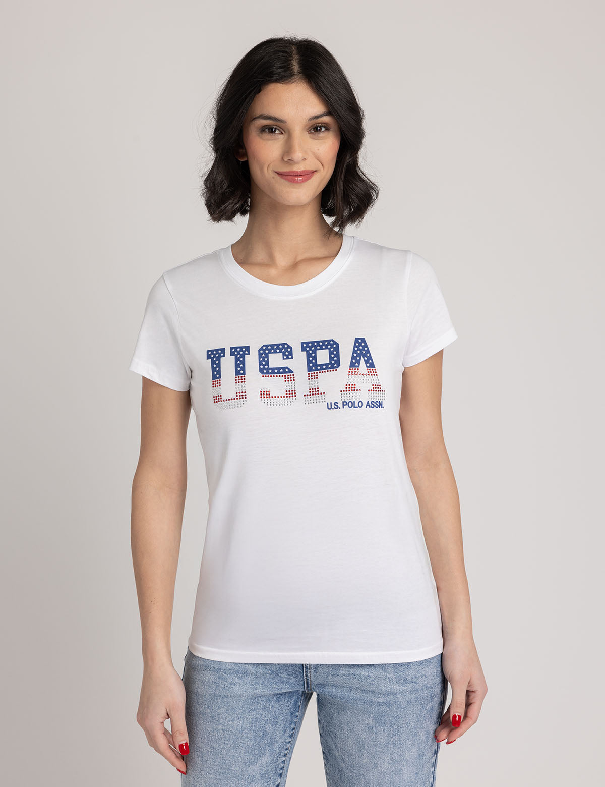 U.S. Polo Assn. - Womens Rhinestone Americana Scoop Neck T-Shirt - Size S