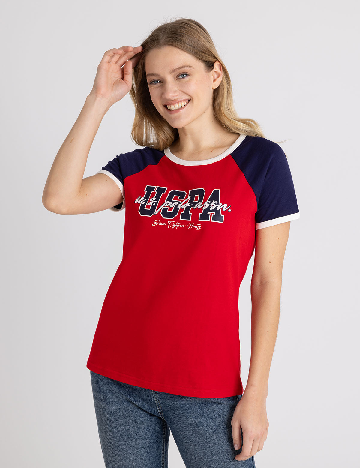 U.S. Polo Assn. - Womens Flocked Script Raglan Ringer T-Shirt - Size S