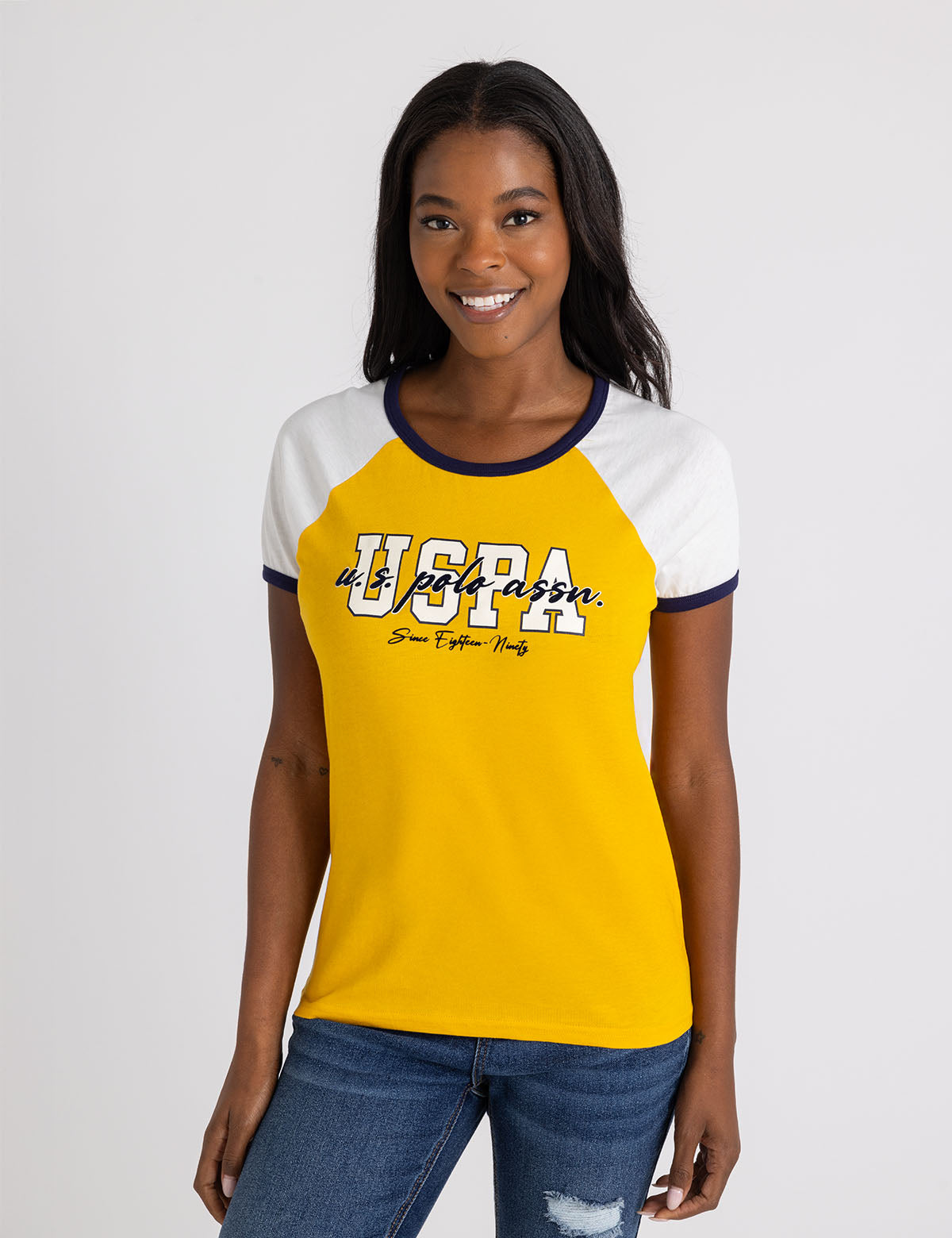 U.S. Polo Assn. - Womens Flocked Script Raglan Ringer T-Shirt - Size M
