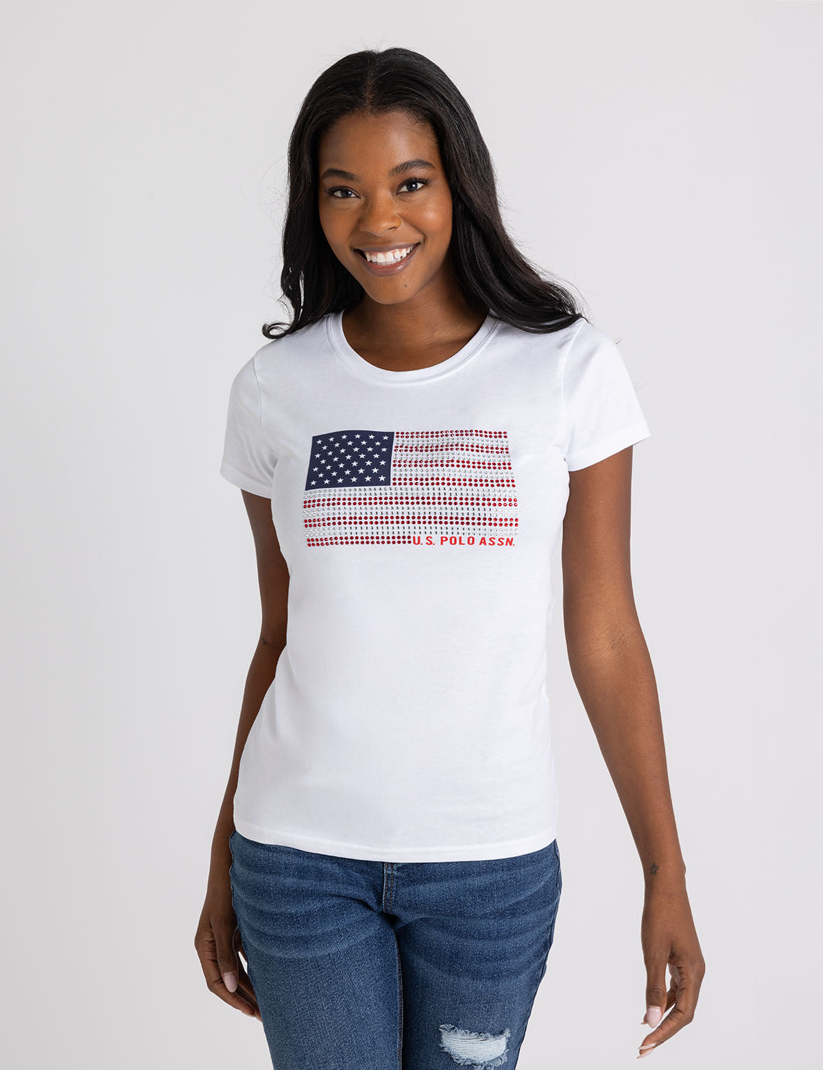 U.S. Polo Assn. - Womens Rhinestone Flag Semi Scoop Jersey T-Shirt - Size XL