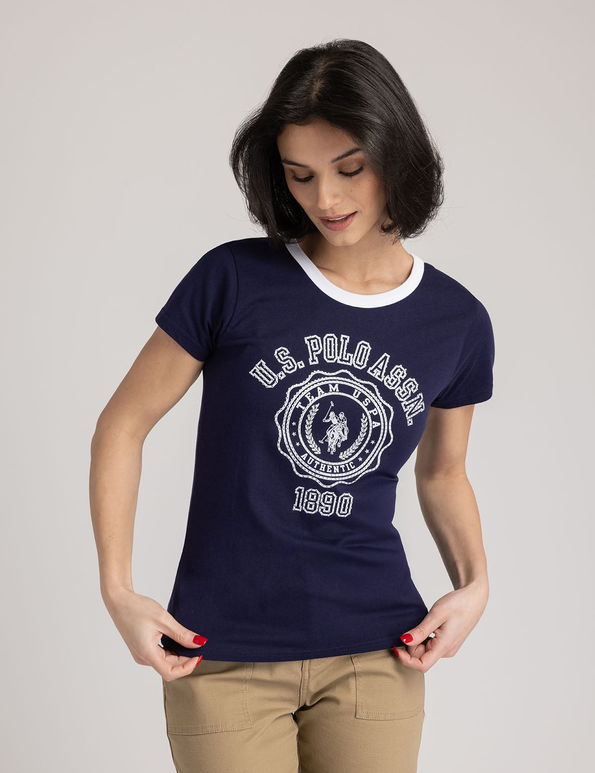 U.S. Polo Assn. - Womens Rhinestone Crest Ringer T-Shirt - Size XS