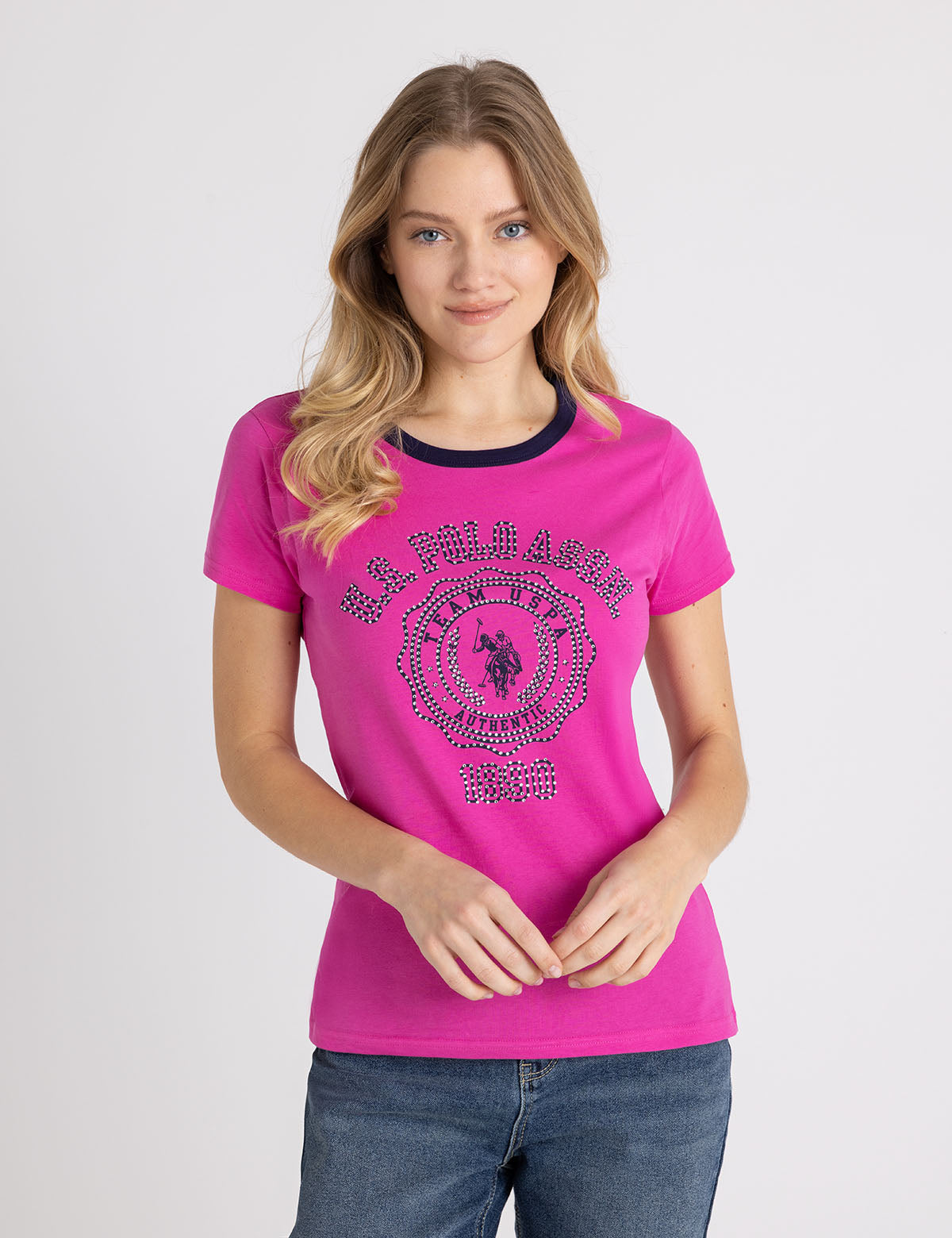U.S. Polo Assn. - Womens Rhinestone Crest Ringer T-Shirt - Size S
