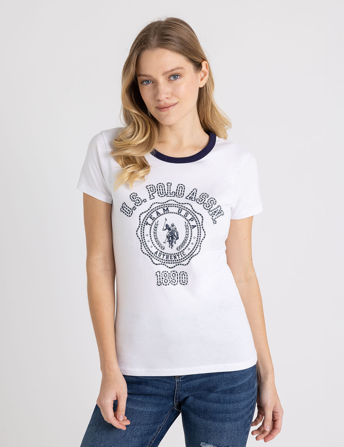 U.S. Polo Assn. - Womens Rhinestone Crest Ringer T-Shirt - Size XL