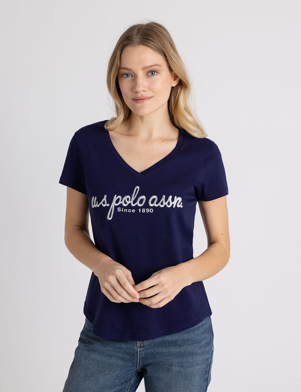 U.S. Polo Assn. - Womens Metallic Script V-Neck T-Shirt - Size XL
