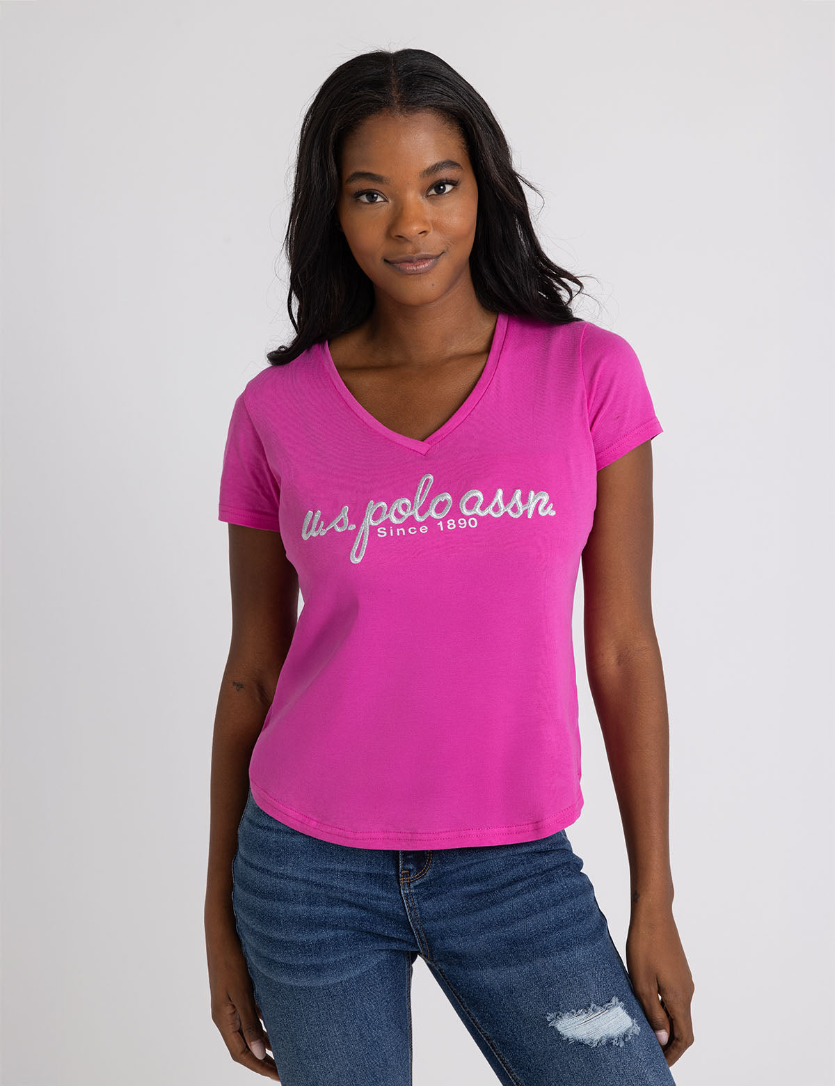 U.S. Polo Assn. - Womens Metallic Script V-Neck T-Shirt - Size L