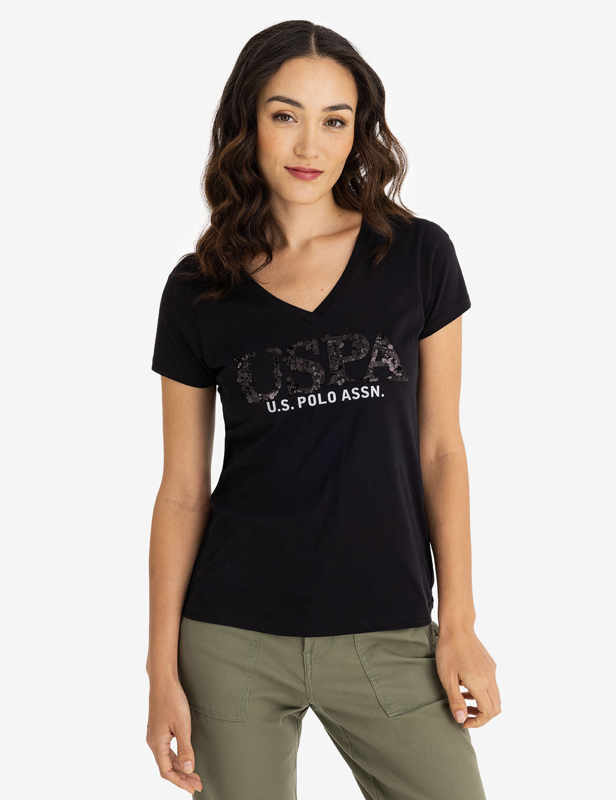 U.S. Polo Assn. - Womens Mixed Sequins V-Neck Jersey T-Shirt - Size XS