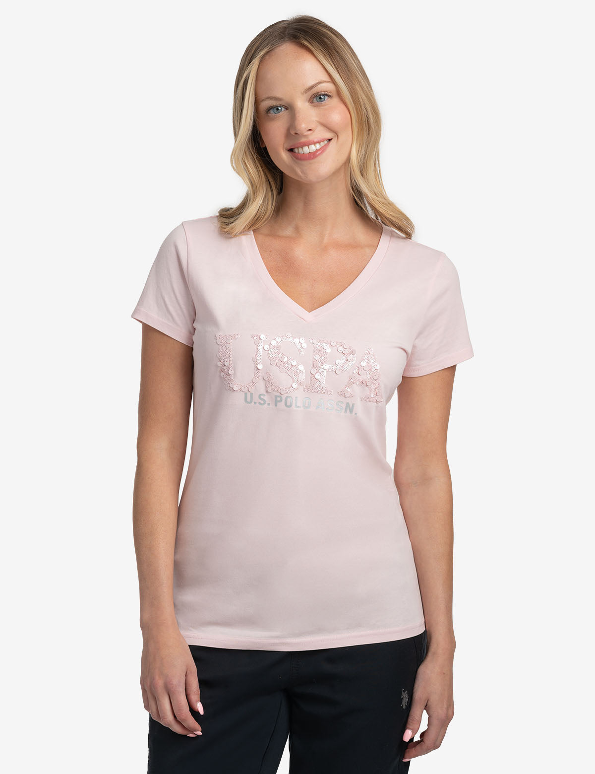 U.S. Polo Assn. - Womens Mixed Sequins V-Neck Jersey T-Shirt - Size L