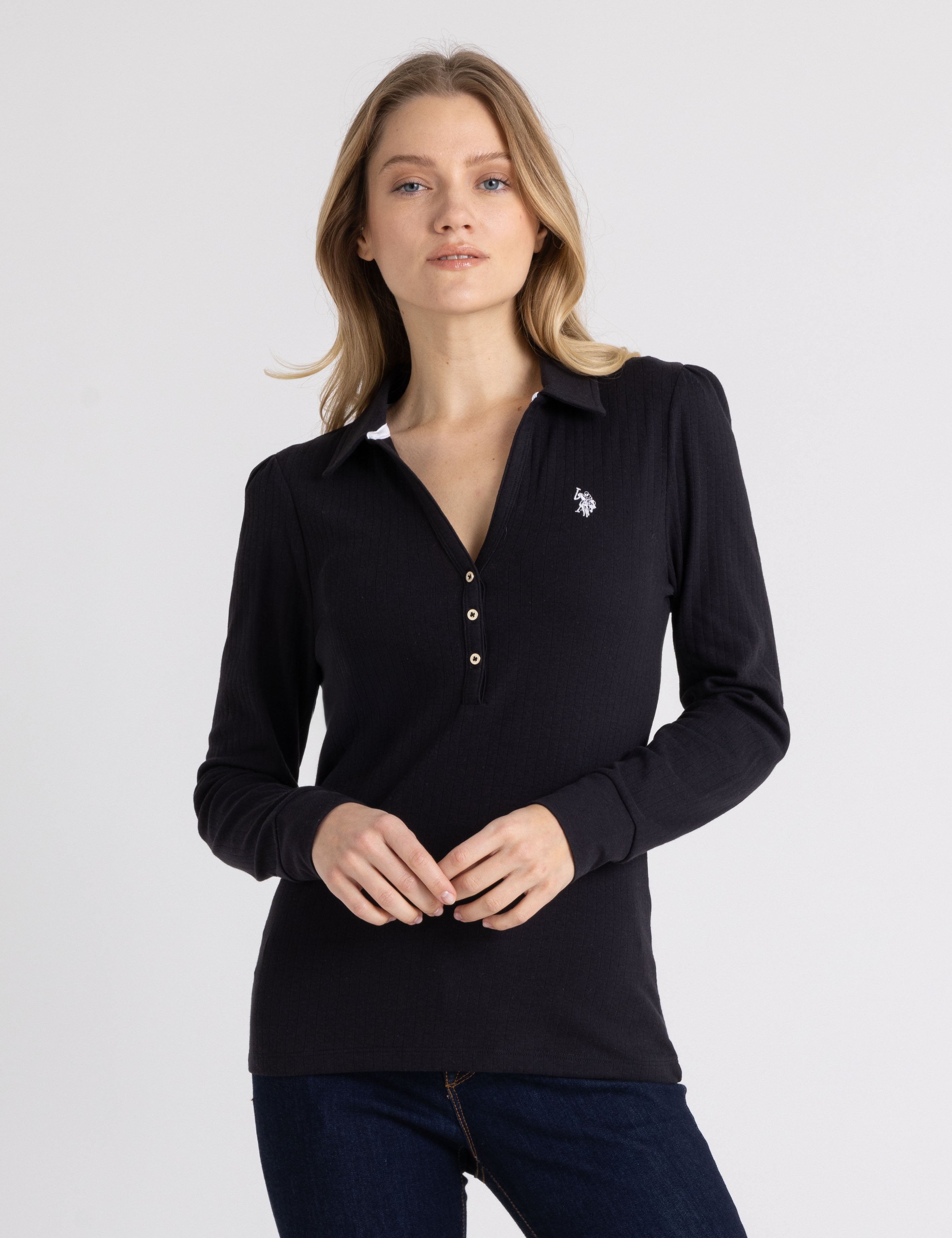 U.S. Polo Assn. - Womens Split Neck Long Sleeve Rib Polo Shirt - Size S