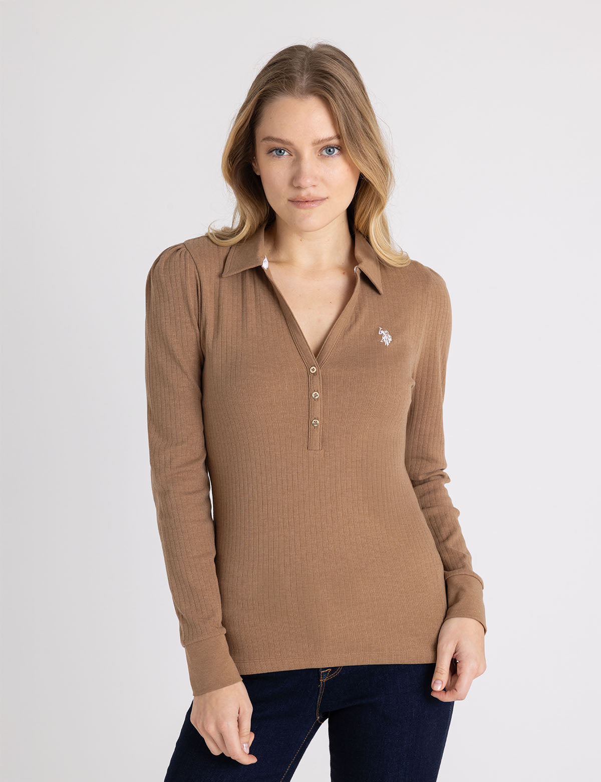 U.S. Polo Assn. - Womens Split Neck Long Sleeve Rib Polo Shirt - Size XL