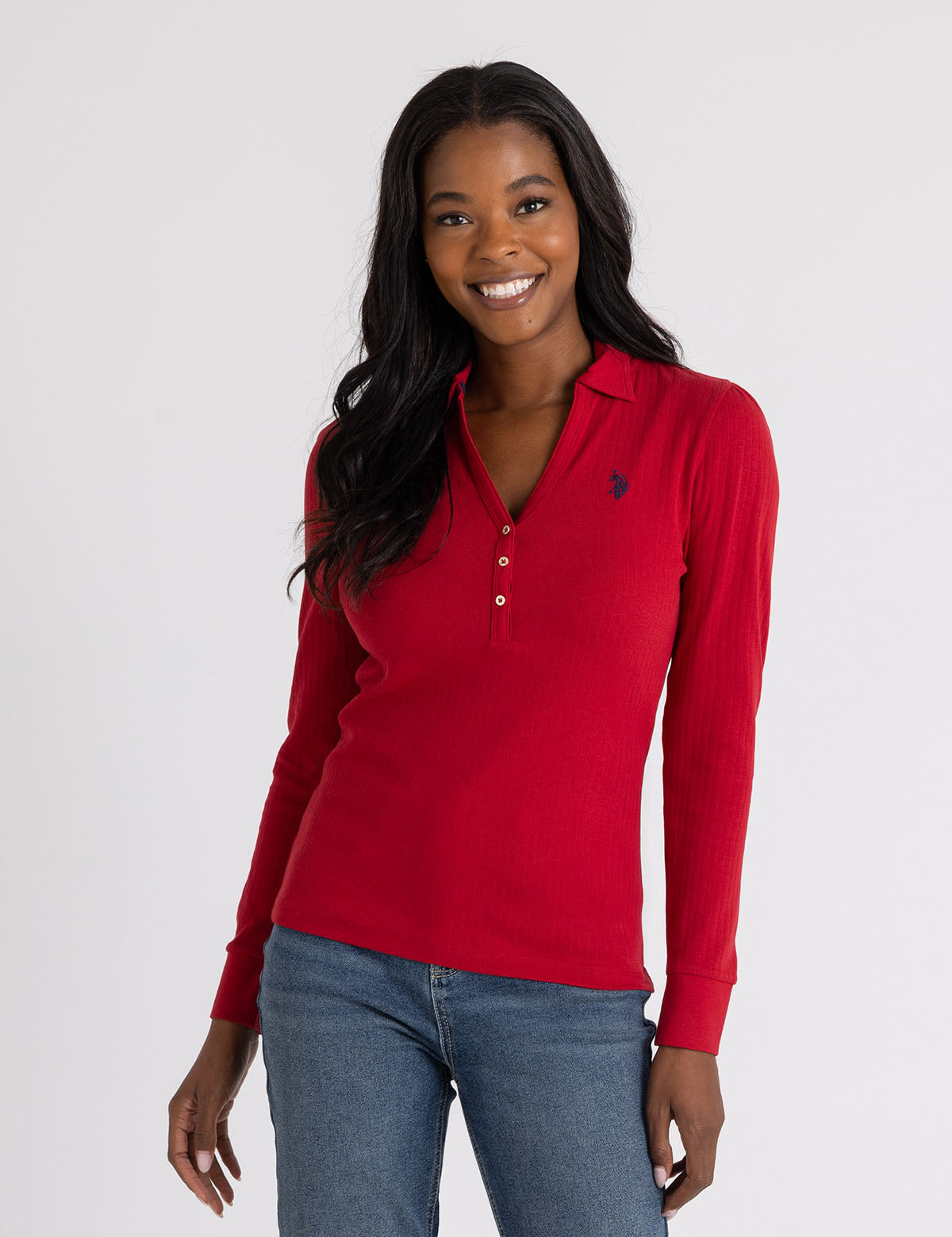 U.S. Polo Assn. - Womens Split Neck Long Sleeve Rib Polo Shirt - Size XS