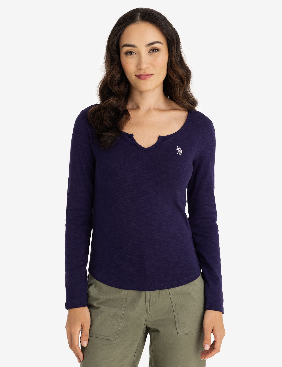 U.S. Polo Assn. - Womens Notch Neck Long Sleeve T-Shirt - Size XS