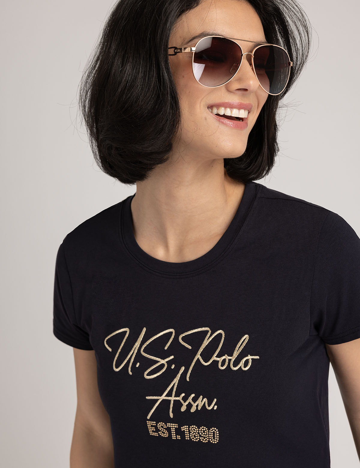 U.S. Polo Assn. - Womens Metallic Bling Semi Scoop Neck T-Shirt - Size XS
