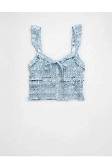 AE Smocked Ruffle Tank Top Women's Light Blue S
