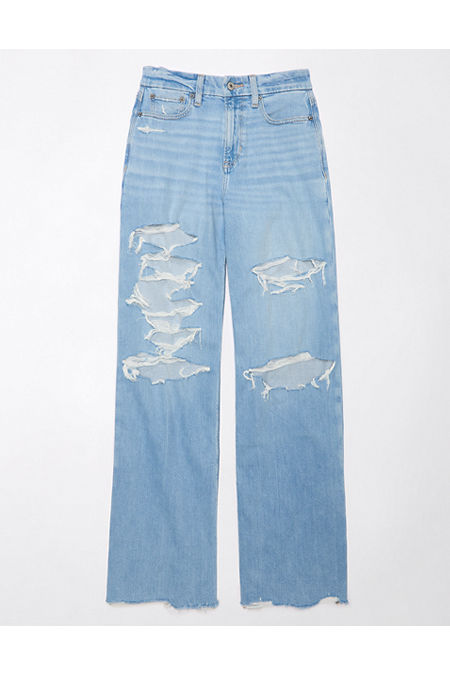 AE Dreamy Drape Stretch Curvy Super High-Waisted Ripped Baggy Wide-Leg Jean Women's Fresh Bright 6 Short