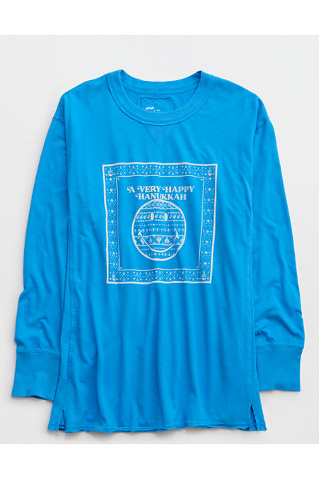 Aerie Cozy Long Sleeve Oversized Smiley Graphic Boyfriend T-Shirt Women's Ocean Aqua XS