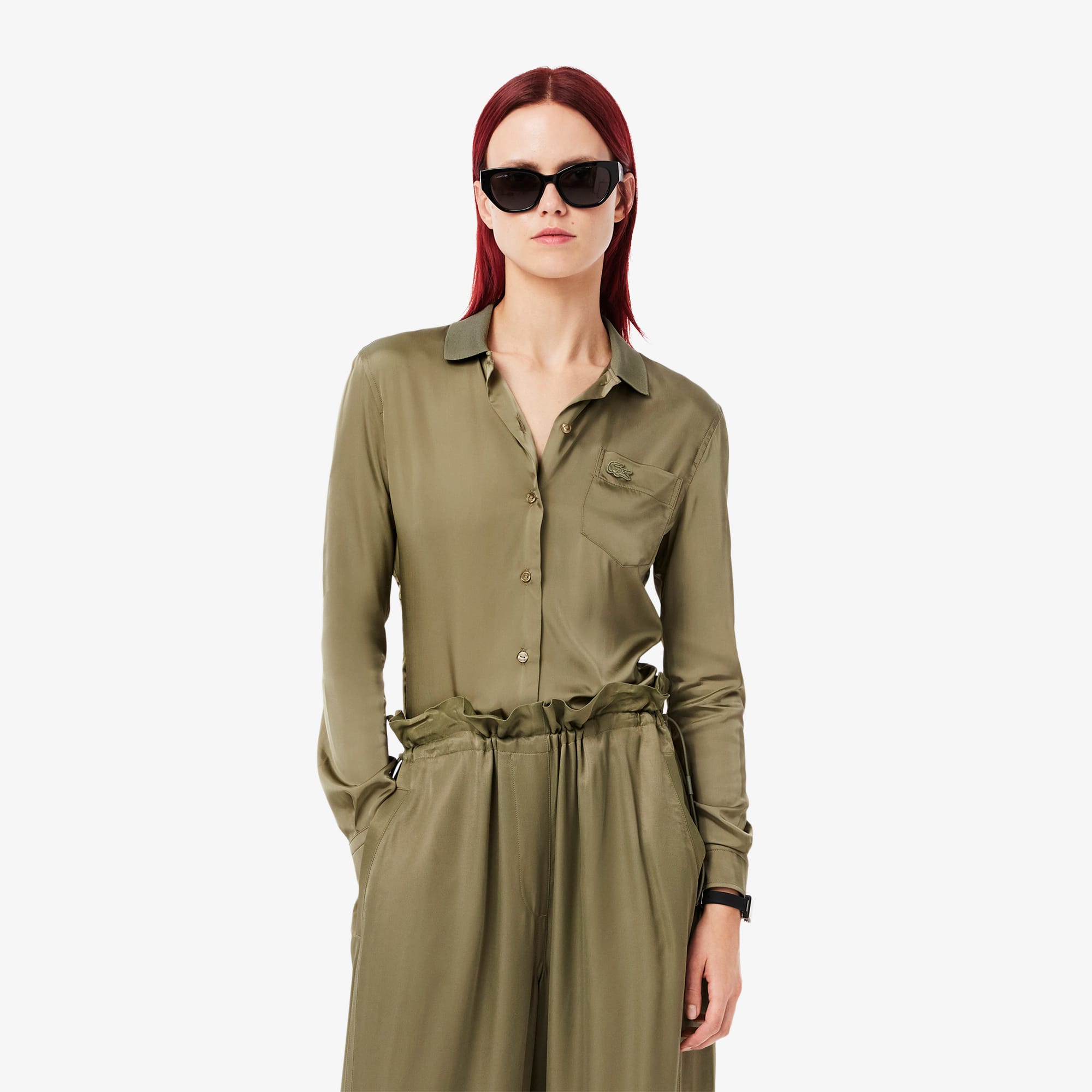 Lacoste Women's Slim Fit Ribbed Collar Shirt - 32